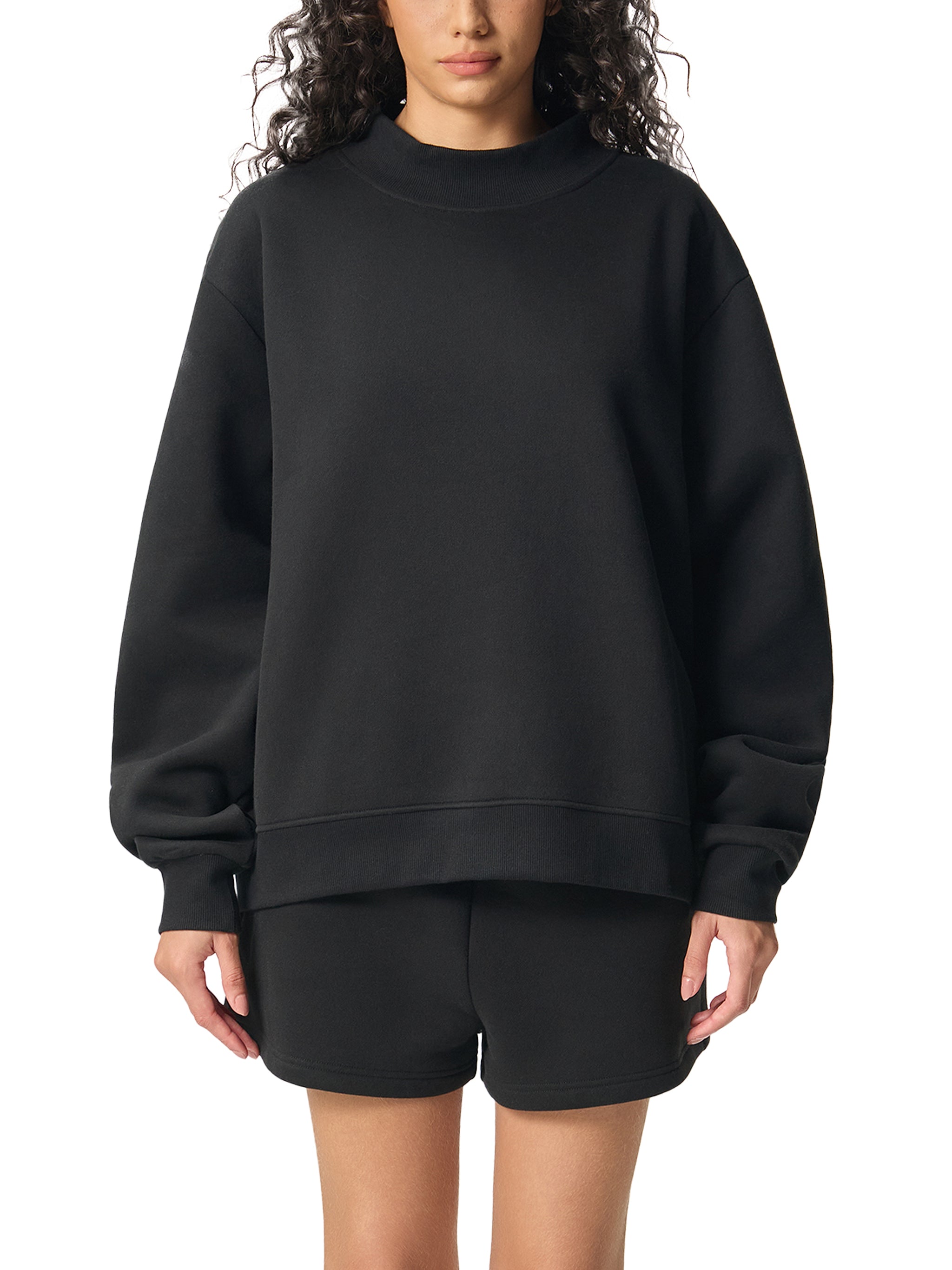 Oversized Fleece Mock-Neck Crew Sweatshirt - Grey Marle