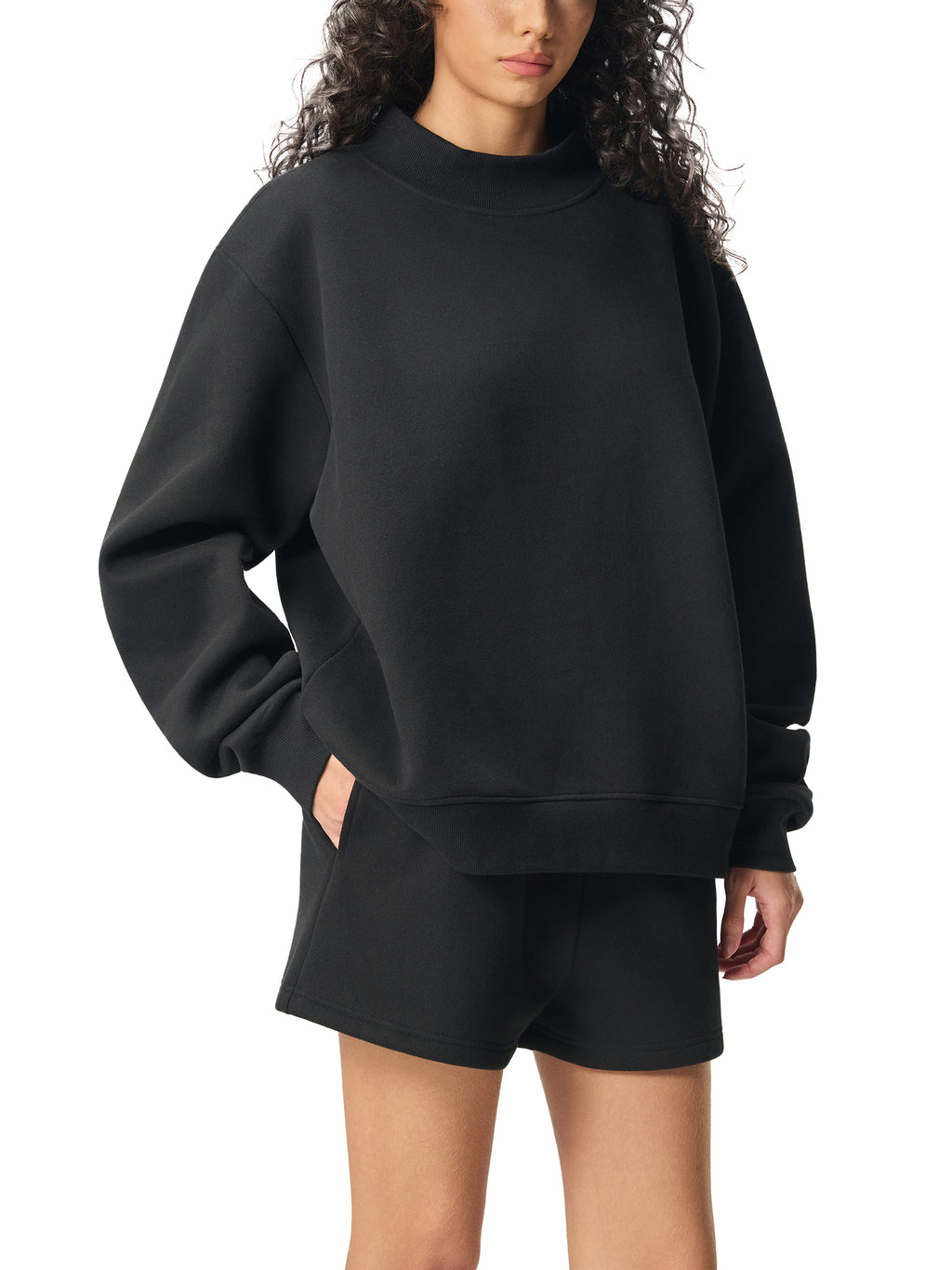 Oversized Fleece Mock-Neck Crew Sweatshirt - Baby Pink